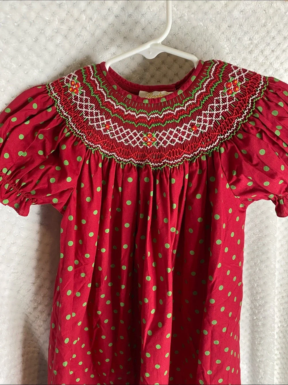 Rosalina Collections Smocked Red Dress with Green Polka Dots
